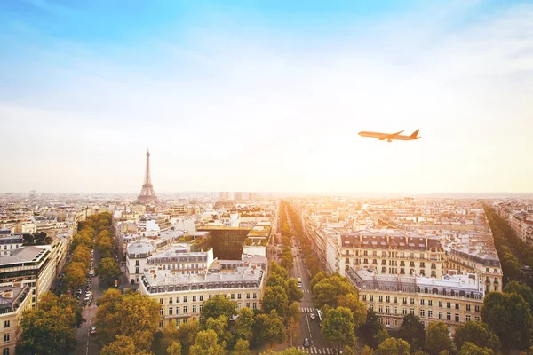 Travel France Airplane Flying Beautiful Panoramic Cityscape Paris Eiffel Tower — Stock Photo, Image