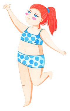 Mavi mayo Curvy artı boyutu Dişileştirilmiş kız. Bodypositive kavramı. Suluboya illüstrasyon izole beyaz arka plan üzerinde