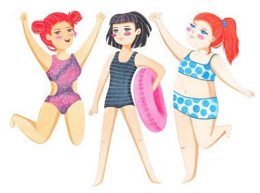 Farklı şekil türü ve boyutu kadınlar mayo içinde giyinmiş. Vücut olumlu kavram kümesi. Her beden güzeldir. Suluboya illüstrasyon izole beyaz arka plan üzerinde