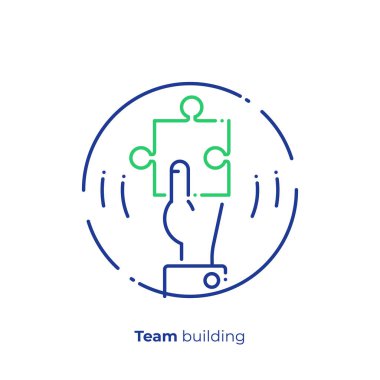 bir elinde hat sanat bulmaca parçası. İş çözümü. Takım oluşturma. Modern lineart tarzı ölçeklenebilir vektör simgesi. anahat öğelerini vektör çizim.