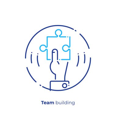 bir elinde hat sanat bulmaca parçası. İş çözümü. Takım oluşturma. Modern lineart tarzı ölçeklenebilir vektör simgesi. anahat öğelerini vektör çizim.