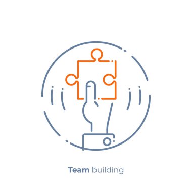 bir elinde hat sanat bulmaca parçası. İş çözümü. Takım oluşturma. Modern lineart tarzı ölçeklenebilir vektör simgesi. anahat öğelerini vektör çizim.