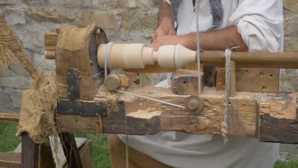 Old Man Working Ancient Wood Lathe Reenactment Breno Italy August — Stock Video