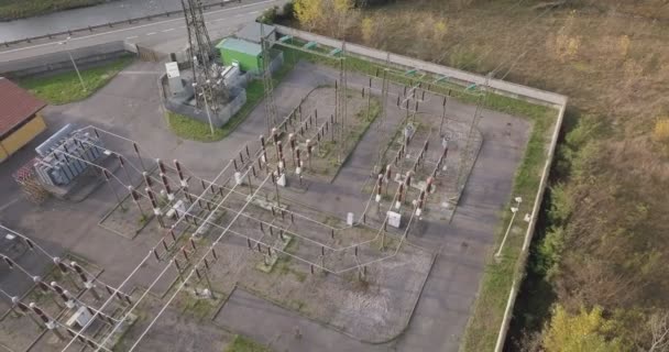 Aerial View Power Line Transmission Tower Autumn Morning — Stock Video