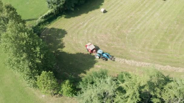 Blue Tractor Hay Bales Trees Aerial View — Stock Video