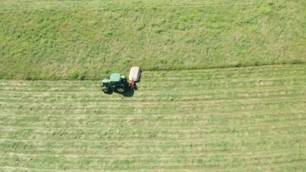 Green Tractor Hay Cutter Aerial View — Stock Video