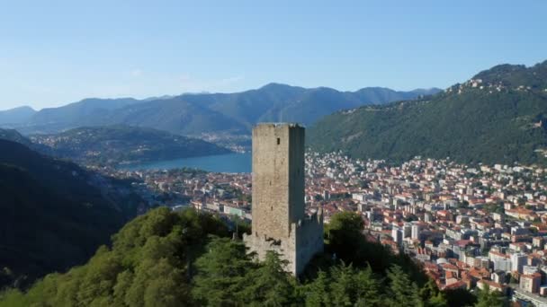 Baradello Castle Como City Lake Uitzicht vanuit de lucht — Stockvideo