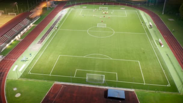 Soccer Stadium Training Night Aerial View — Stock Video
