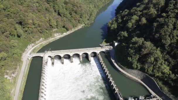 Hydroelectric Power Plant River Aerial View — Stock Video