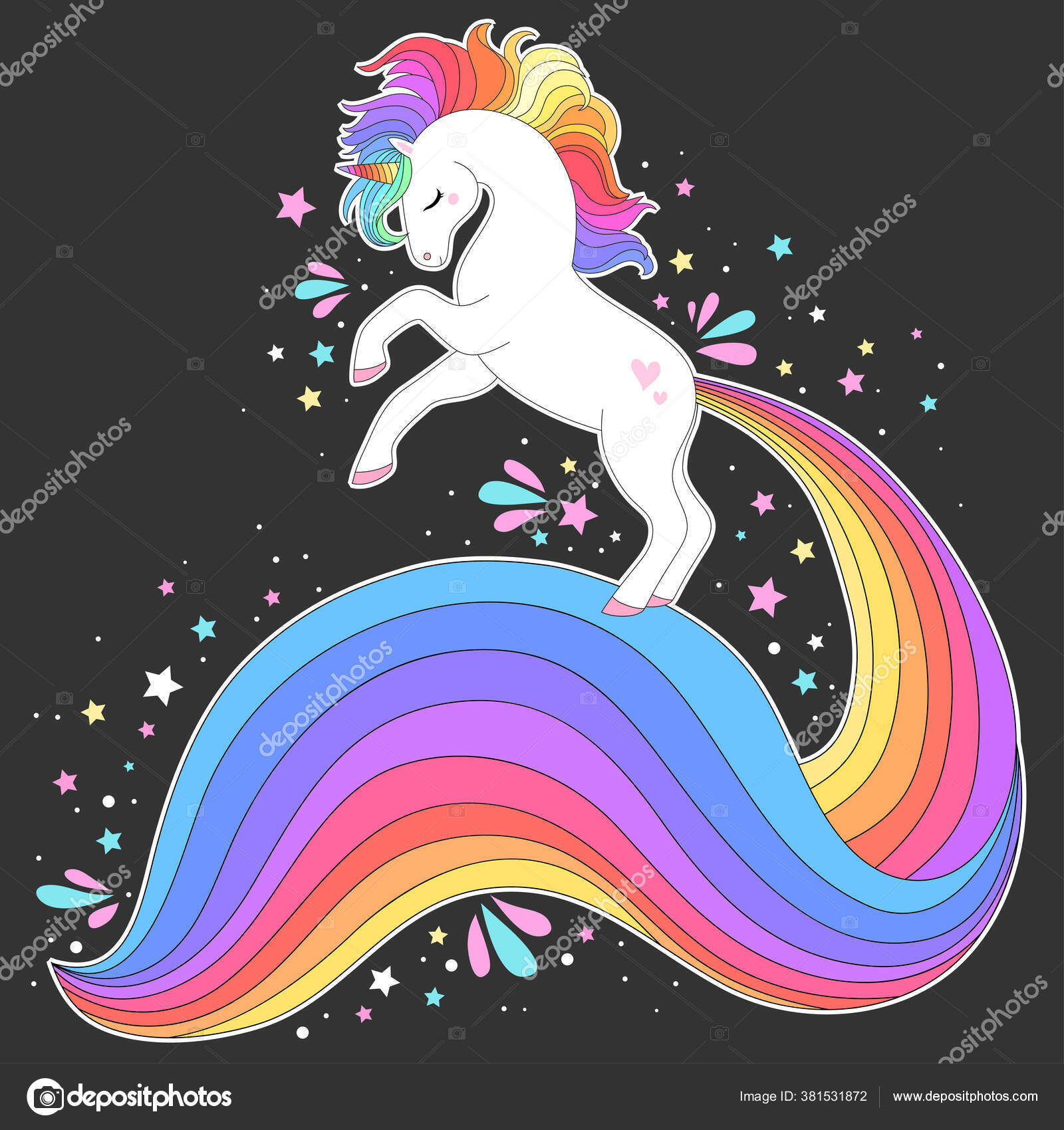 Vecteur Licorne Blanche Avec Cheveux Arc Ciel Etoiles Impression Pour Image Vectorielle Par Sveslatasla C Illustration