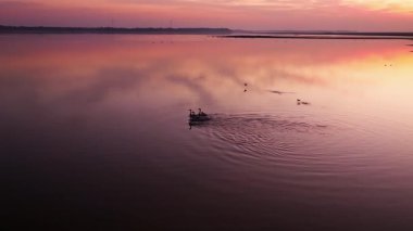 Günbatımı nehirde kuşlar akın ediyor. 