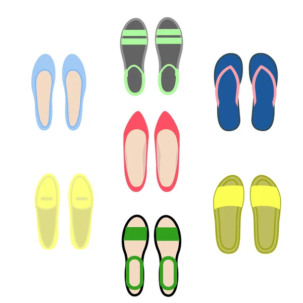 Set of women's shoes. View top. Open and closed summer shoes — Stock Vector