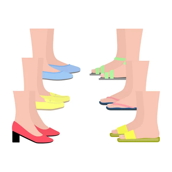Summer footwear side view. Women shoes. Feet in shoes — Stock Vector