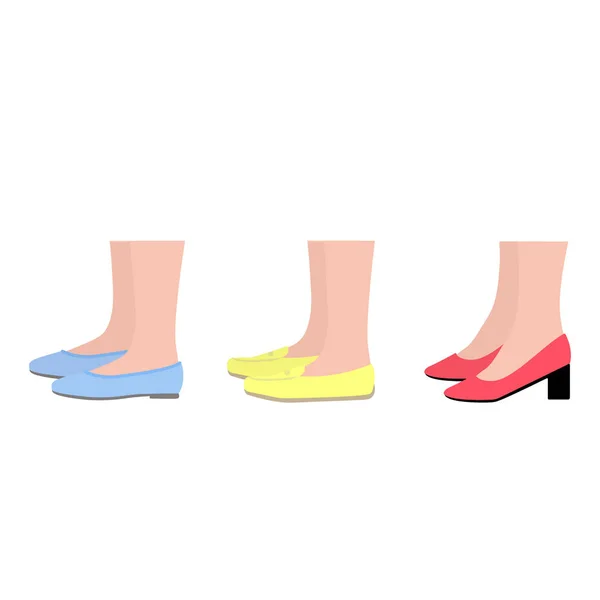 Summer footwear side view. Women shoes. Feet in shoes — Stock Vector