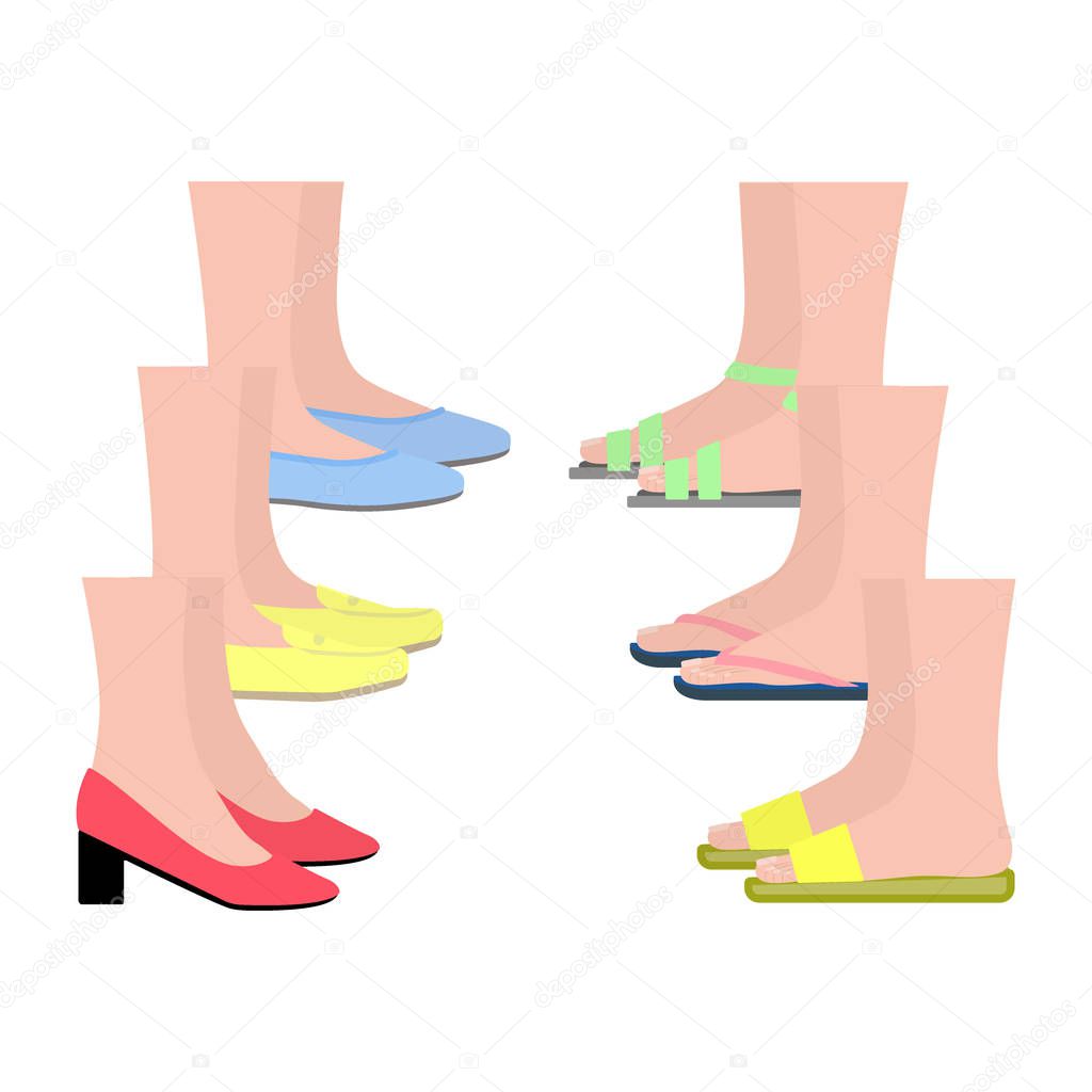 Summer footwear side view. Women shoes. Feet in shoes
