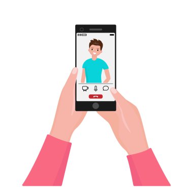 Akıllı telefonu tutan eller. Telefonla video, görüntülü sohbet
