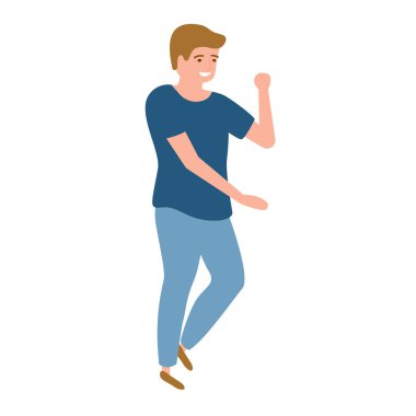 Genç erkek dans partisinde dans ediyor. Gülümseyen genç adam dans hareketleri sergiler. İzole Vektör İllüstrasyonu