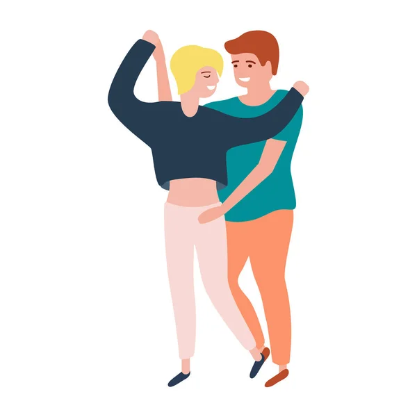 Jeune couple homme et femme dansent. Danser en couple. Des gens heureux modernes. Une soirée dansante. Illustration plate du vecteur isolé — Image vectorielle