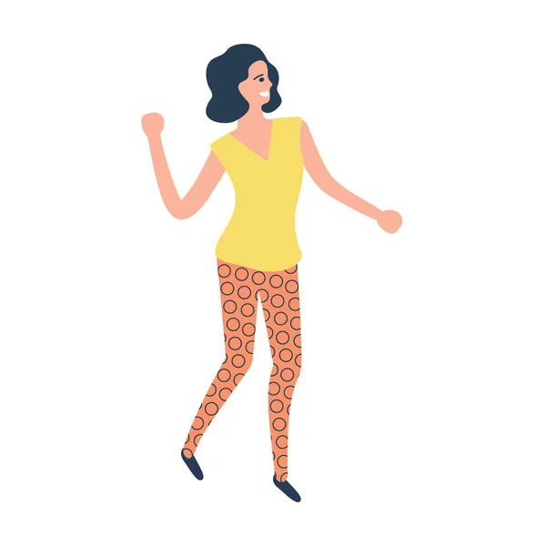 Νεαρή κοπέλα χορεύει στο χορευτικό πάρτι με καθημερινά ρούχα. Μια χαμογελαστή νεαρή γυναίκα κάνει χορευτικές κινήσεις. Μεμονωμένη απεικόνιση διανύσματος — Διανυσματικό Αρχείο