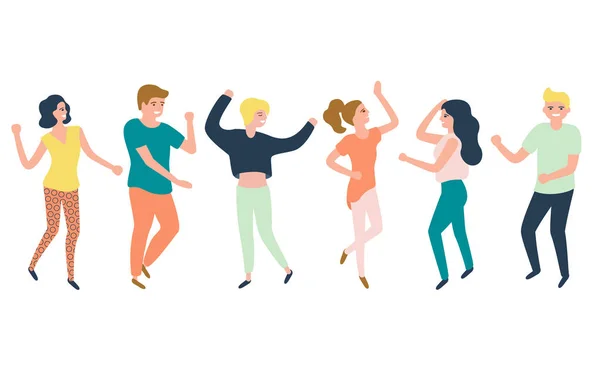 Wanita muda yang bahagia dan pria menari untuk musik pesta. Manusia bergaya di acara festival, konser di luar ruangan atau lantai dansa klub. Ilustrasi rata vektor - Stok Vektor