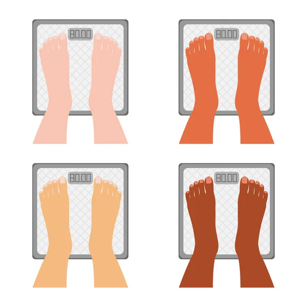 Human legs are on scales. Feet on scales. Set weight check of different nationalities, different skin color. Health care, weight problems, obesity, diabetes, sport, fitness and beauty for advertising — Stock Vector