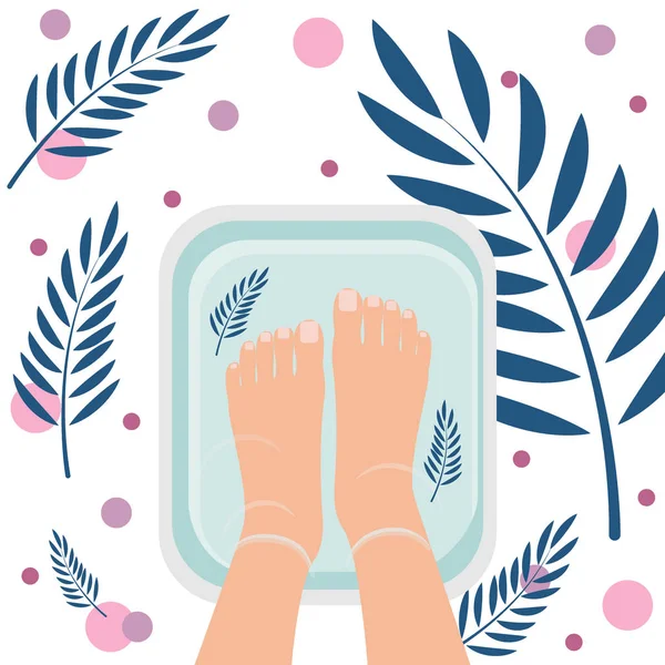 Top uitzicht van vrouwelijke voeten in Bad voor reiniging. Spa-procedure, pedicure. Leuke sfeer met planten bladeren. Vector illustratie — Stockvector