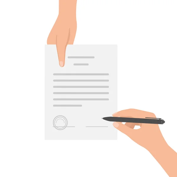 Hand keeping an document, and another hand keeping pen. Signing an agreement. Offer signing contract. Business partnership concept. Vector illustration