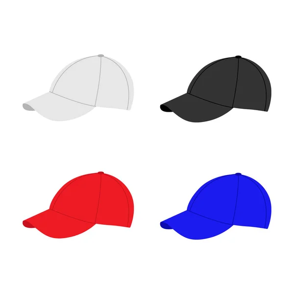 Una maqueta con gorra de béisbol. Colección de varios casquillos para sombreros. Colores blanco, negro, rojo y azul. Sombreros de verano para niños y adultos. Ilustración vectorial sobre fondo blanco — Vector de stock