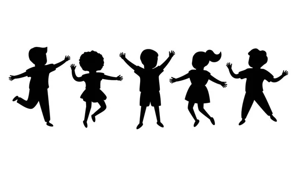 As crianças alegres de silhueta preta pulam em conjunto. Crianças brincando. Feliz infância de meninos e meninas. Ilustração vetorial isolada sobre fundo branco — Vetor de Stock