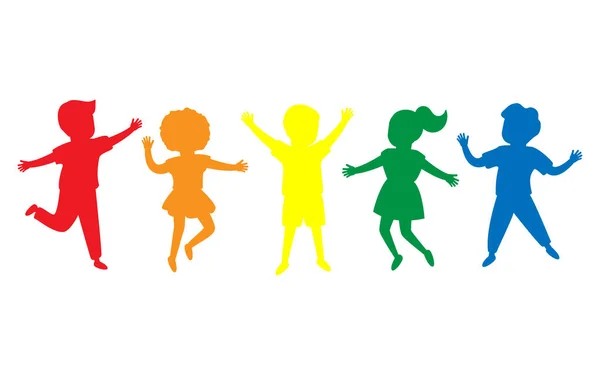 As crianças alegres de silhueta multicolor pulam em conjunto. Crianças brincando. Feliz infância de meninos e meninas. Ilustração vetorial isolada sobre fundo branco — Vetor de Stock
