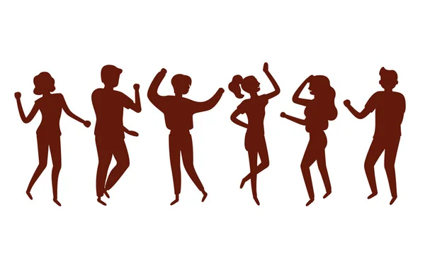 Νεαρή ευτυχισμένη γυναίκα και άντρας χορεύουν μουσική για πάρτι. Μαύρη σιλουέτα. Κομψός άνθρωπος σε εκδήλωση φεστιβάλ, υπαίθρια συναυλία ή πίστα χορού κλαμπ. Διανυσματική επίπεδη απεικόνιση — Διανυσματικό Αρχείο