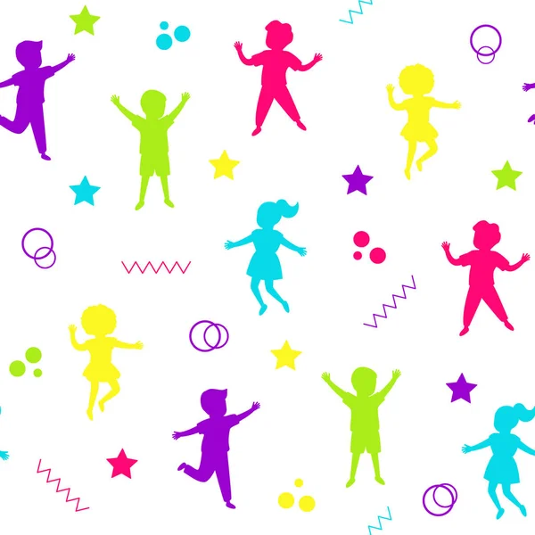 Πολύχρωμη σιλουέτα χαρούμενα παιδιά πηδούν μαζί απρόσκοπτη φόντο μοτίβο. Τα παιδιά παίζουν. Ευτυχισμένη παιδική ηλικία αγοριών και κοριτσιών. Μεμονωμένη απεικόνιση διανυσματικού φορέα σε λευκό φόντο — Διανυσματικό Αρχείο