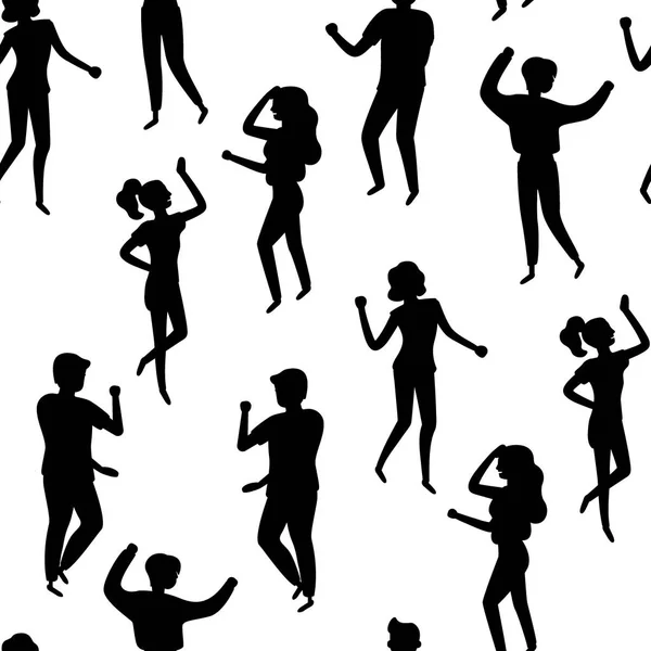 Jonge gelukkige vrouw en man dansen op feestmuziek, naadloze patroon achtergrond. Zwart silhouet. Stijlvol mens op festival evenement, outdoor concert of club dansvloer. Vector platte illustratie — Stockvector