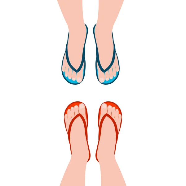 Piedi femminili in sandali estivi, flp flop. Un gruppo di persone che si fronteggiano. Scarpe, vista dall'alto. Illustrazione vettoriale — Vettoriale Stock