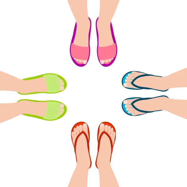 Pies femeninos en sandalias de verano, flp flop. Grupo de personas frente a frente. Zapatos, vista superior. Ilustración vectorial — Vector de stock