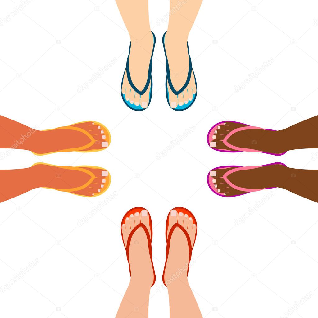 Female feet in summer sandals, flp flop. Group of people facing each other. Shoes, top view. Vector illustration