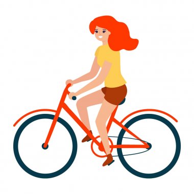 Karakter tasarımı yetişkin genç kadın bisikletsürme. Bisiklet, yan görünüm şık kadın. Vektör illustraton izole