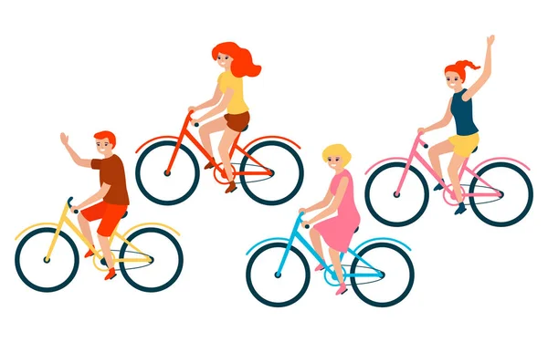 Bicicletas familiares felices. Padre, madre e hijos hijas. Ilustración vectorial aislada sobre fondo blanco en estilo plano — Vector de stock