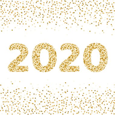 2020 altın Yeni Yıl. Kış tatili arka plan altın konfeti. Beyaz arka planda yalıtılmış vektör çizimi.