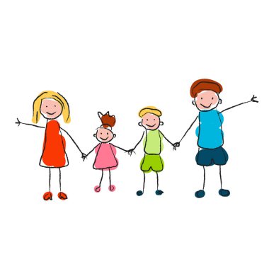 Çocuk çizimi, mutlu bir aile. Ailesinin çocuğunu çiziyor. Beyaz arka planda vektör çizimi