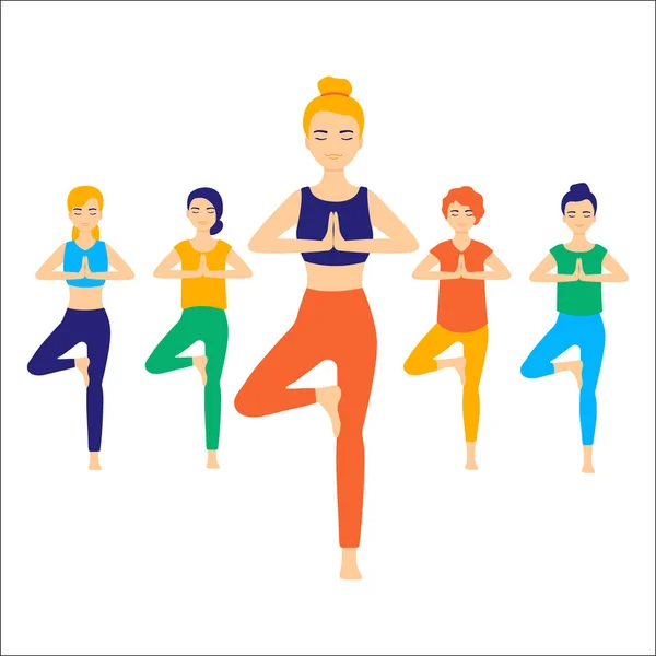 Cute funny women practicing yoga together, cartoon stile. Group performing gymnastic exercise. Aerobics class, training, sports activity. Colorful vector illustration — Stock Vector