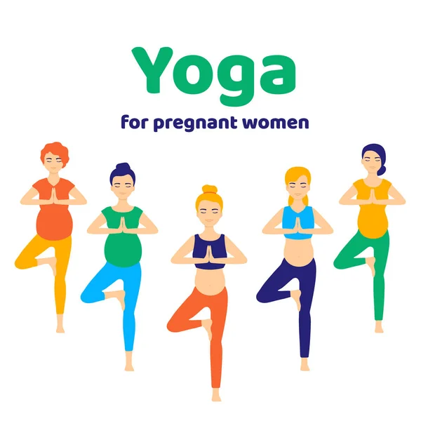 Mujeres de grupo bastante embarazadas haciendo yoga, teniendo un estilo de vida saludable y relajación. Ejercicios prenatales. Feliz y saludable embarazo. Ilustración vectorial aislada sobre fondo blanco — Vector de stock