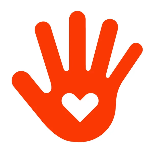 Impressão da mão vermelha, forma de palma com coração branco, sinal de amor. Ilustração vetorial sobre fundo branco — Vetor de Stock