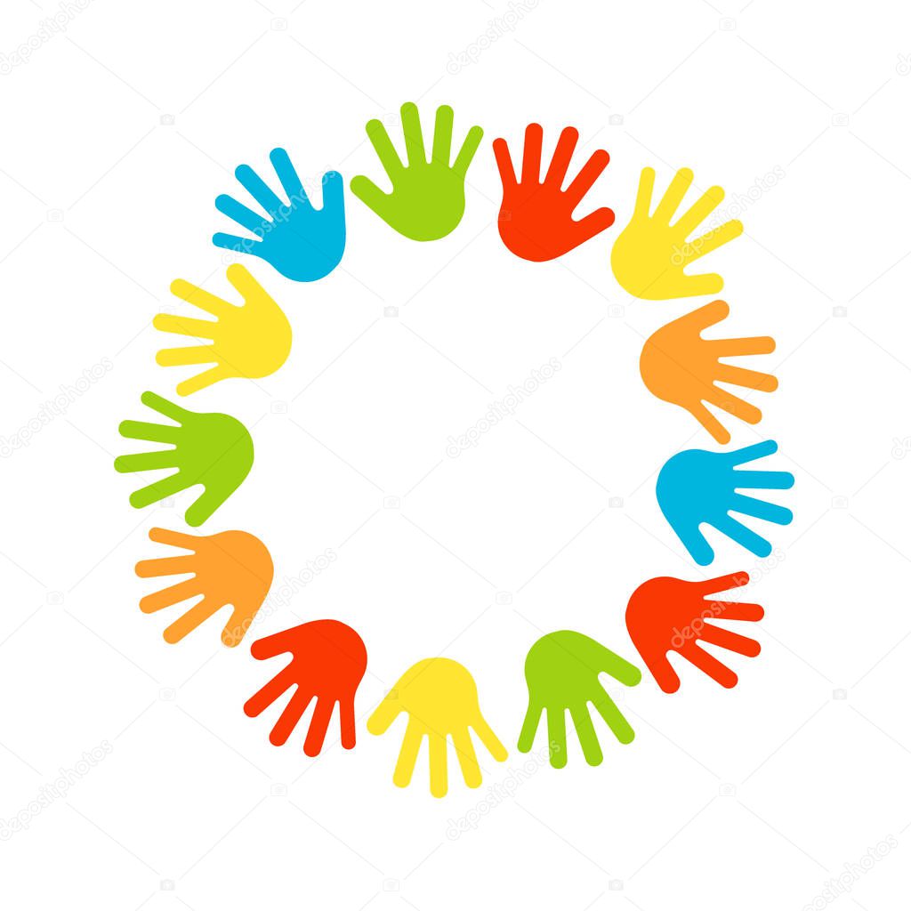 Hands border, palms frame in shape of circle. Multicolored handprints. Symbols of friendship, teamwork. Kids hands prints in paint. Vector illustration isolated on white background.
