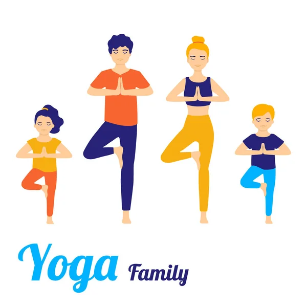 Yoga familiar de personas haciendo ejercicio de yoga. Padre y madre con hijos haciendo yoga posan. Ilustración vectorial aislada sobre fondo blanco — Archivo Imágenes Vectoriales