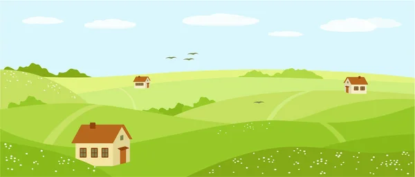 Verano naturaleza, paisaje y casas de pueblo. Campo, colinas verdes, cielo azul con nubes, prado con flores. Ilustración vectorial — Vector de stock