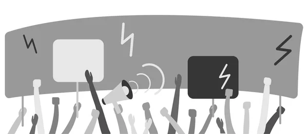 Handen met banner en borden, grijs silhouet. Menigte van mensen demonstranten. Vector illustratie — Stockvector