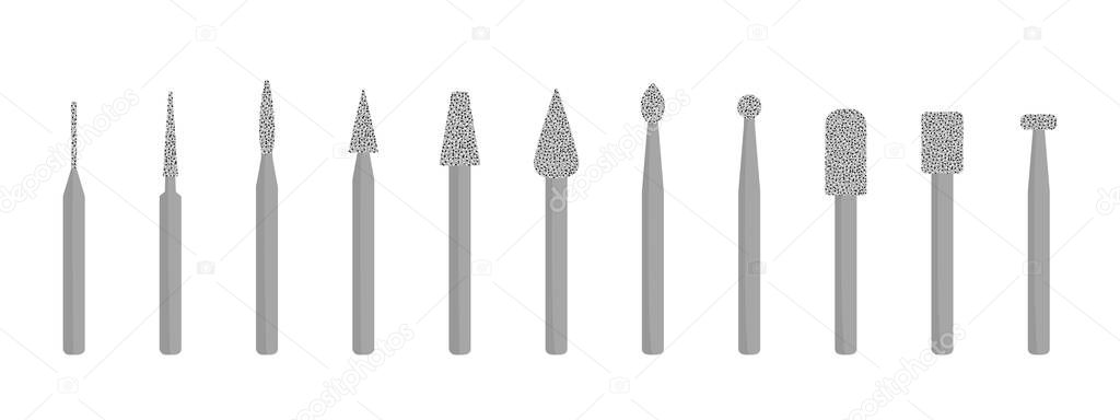 Set metal cutters for grinding and polishing in manicure and pedicure. Different forms of drill with abrasive grain. Vector illustration