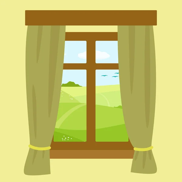 Vista de la ventana de dibujos animados paisaje. Escena soleada de verano. Colina, nubes, sol. Ilustración vectorial . — Vector de stock