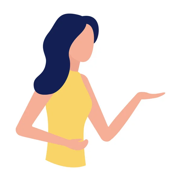 Girl makes proposal, demonstrates gesture of outstretched hands. Women profile with posture to recommend product or concept content. Vector illustration — Stock Vector